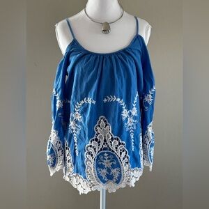 Cynthia Rowley Blue and White Embroidered Blouse